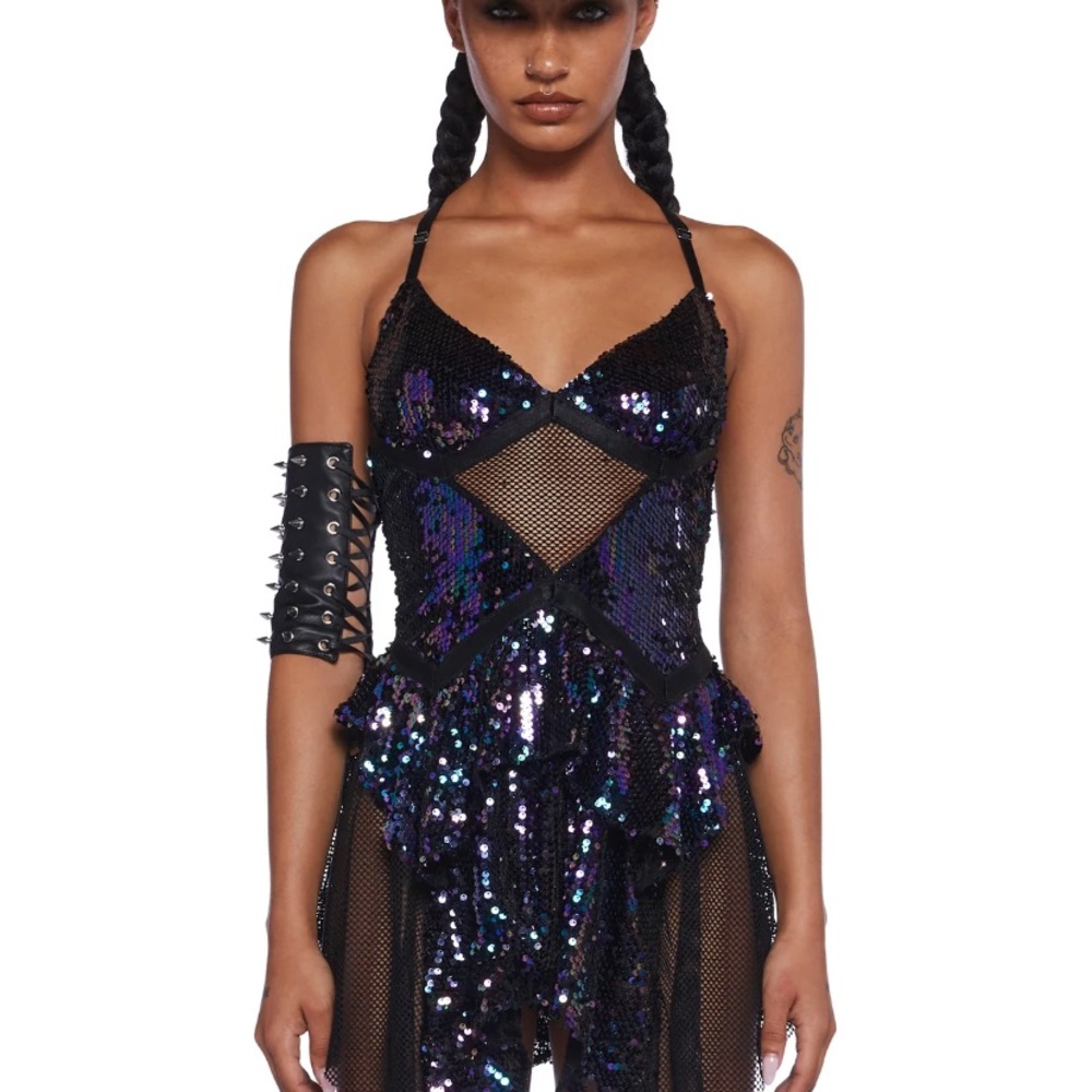 Sequin Mesh Mini Dress - Black and Purple